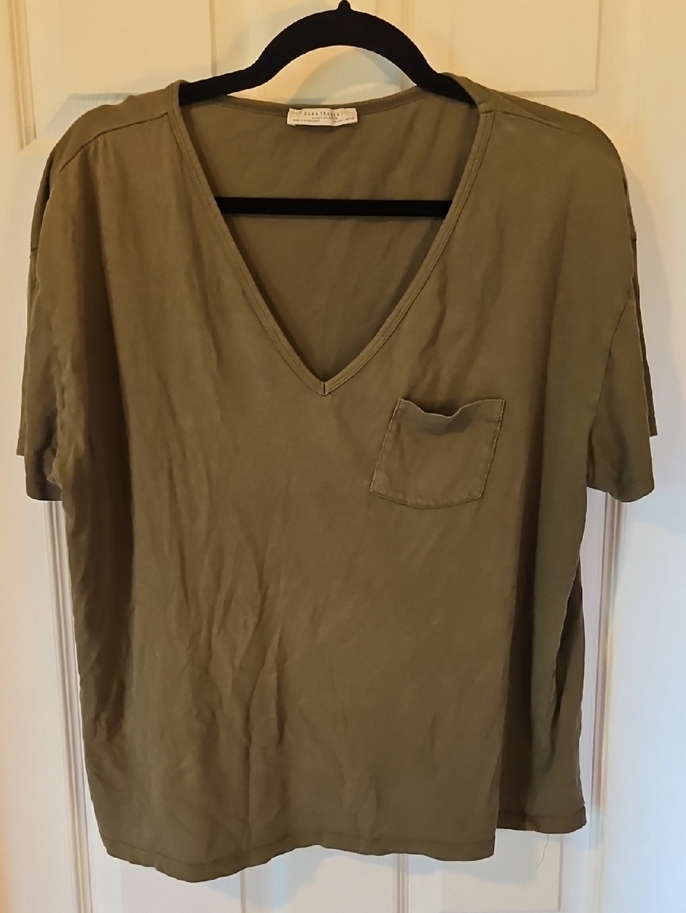 Zara Olive Green V-Neck Short Sleeve Pocket Tee